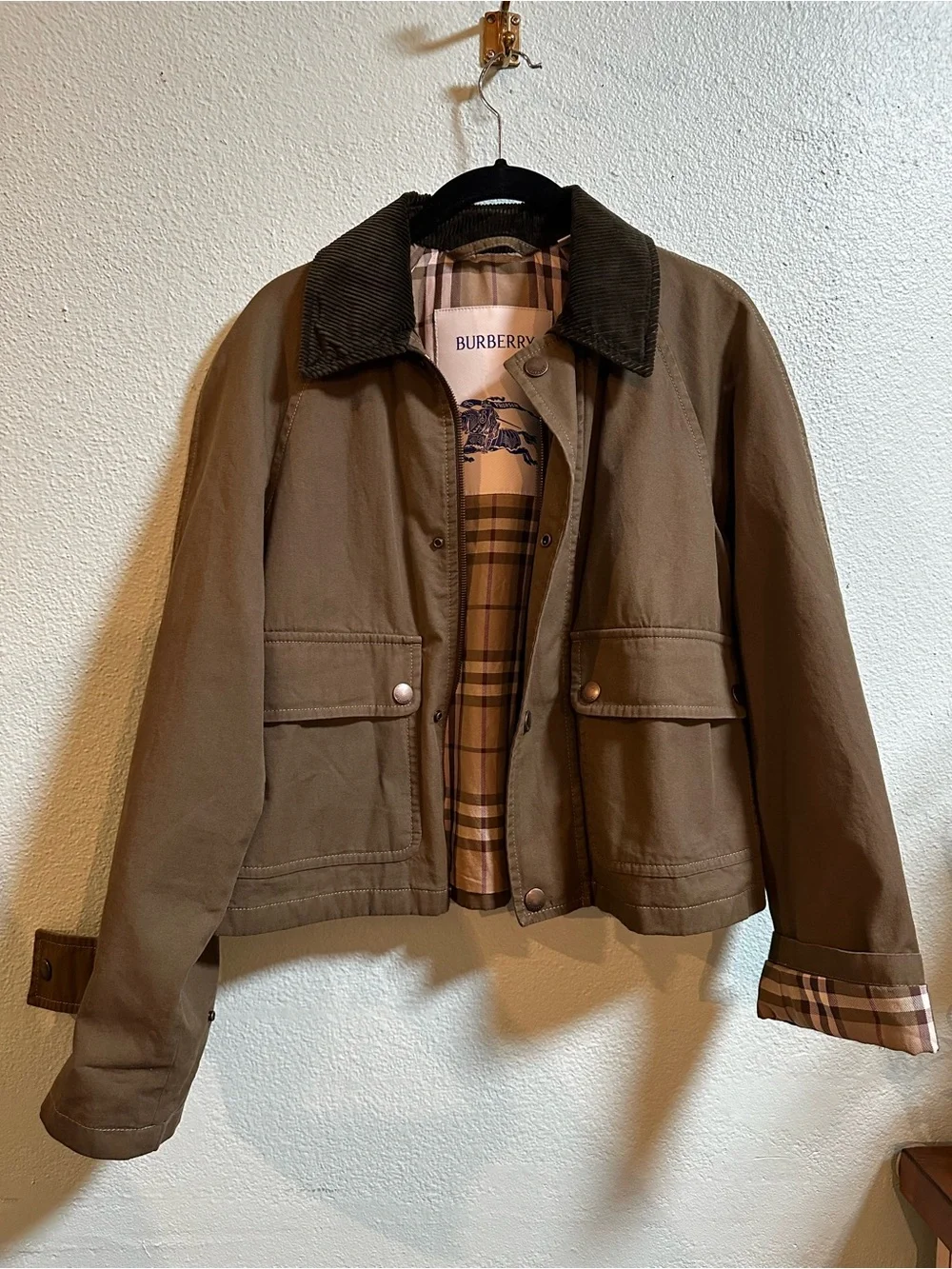 Burberry Olive Green Utility Jacket with Dark Corduroy Collar